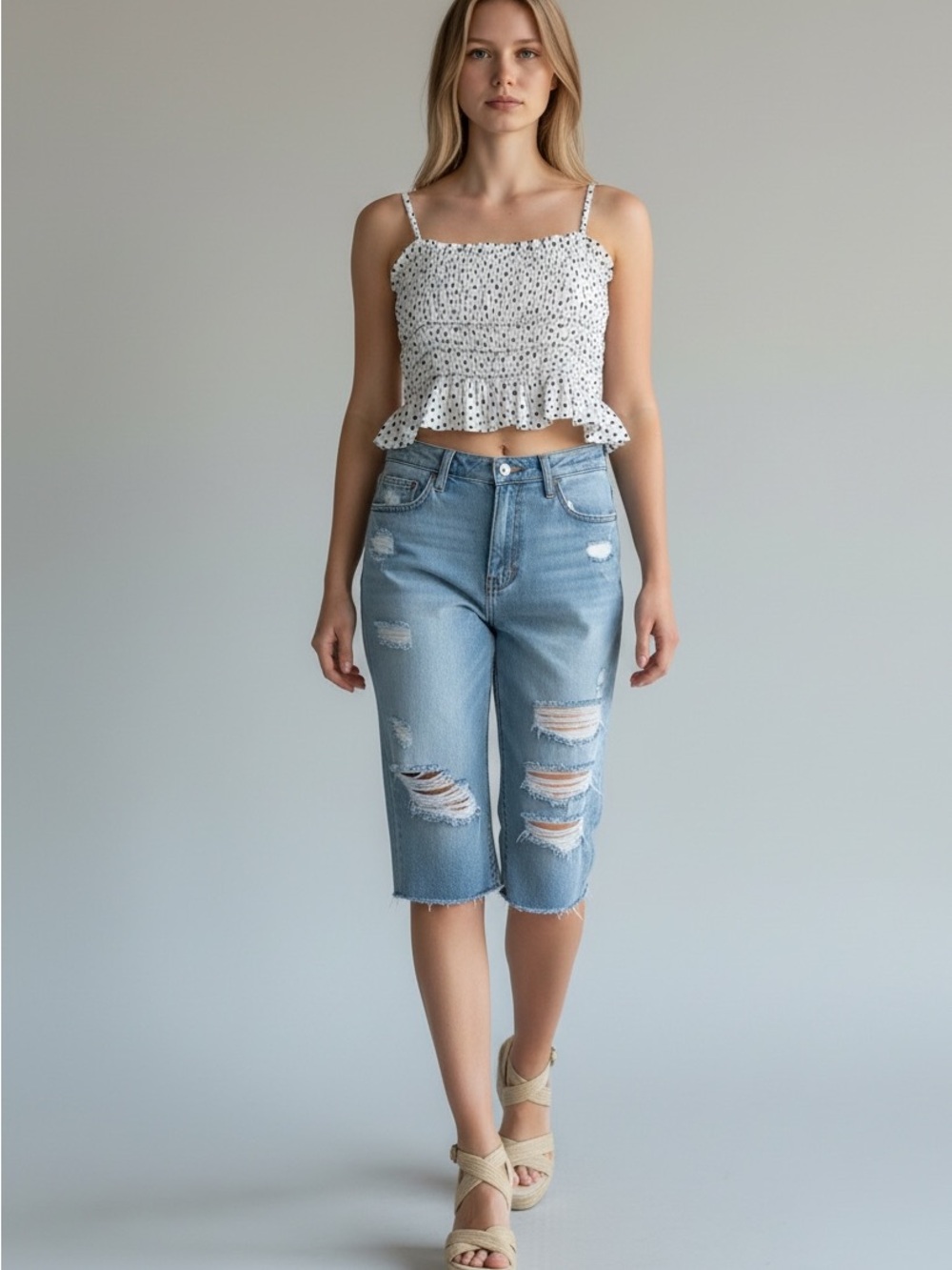 Women's Light Blue Distressed Knee-Length Denim Bermudas